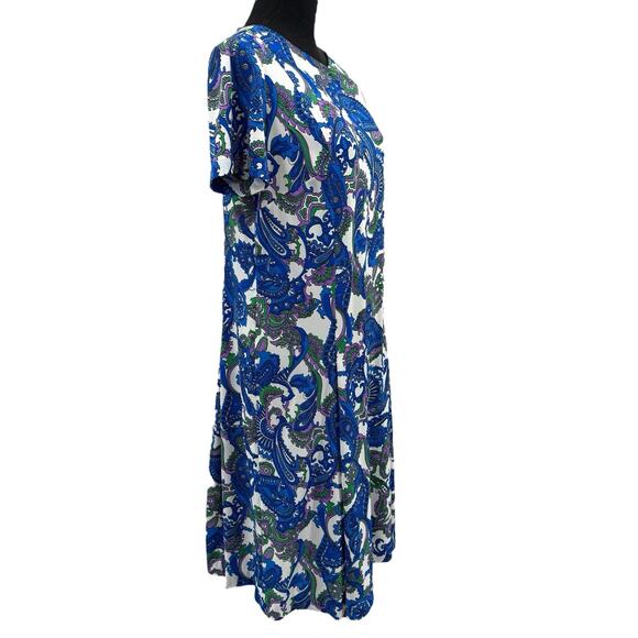 Vintage Shelton Stroller 60s White Dress Blue Paisley Print Flower Front Zip - Picture 3 of 8